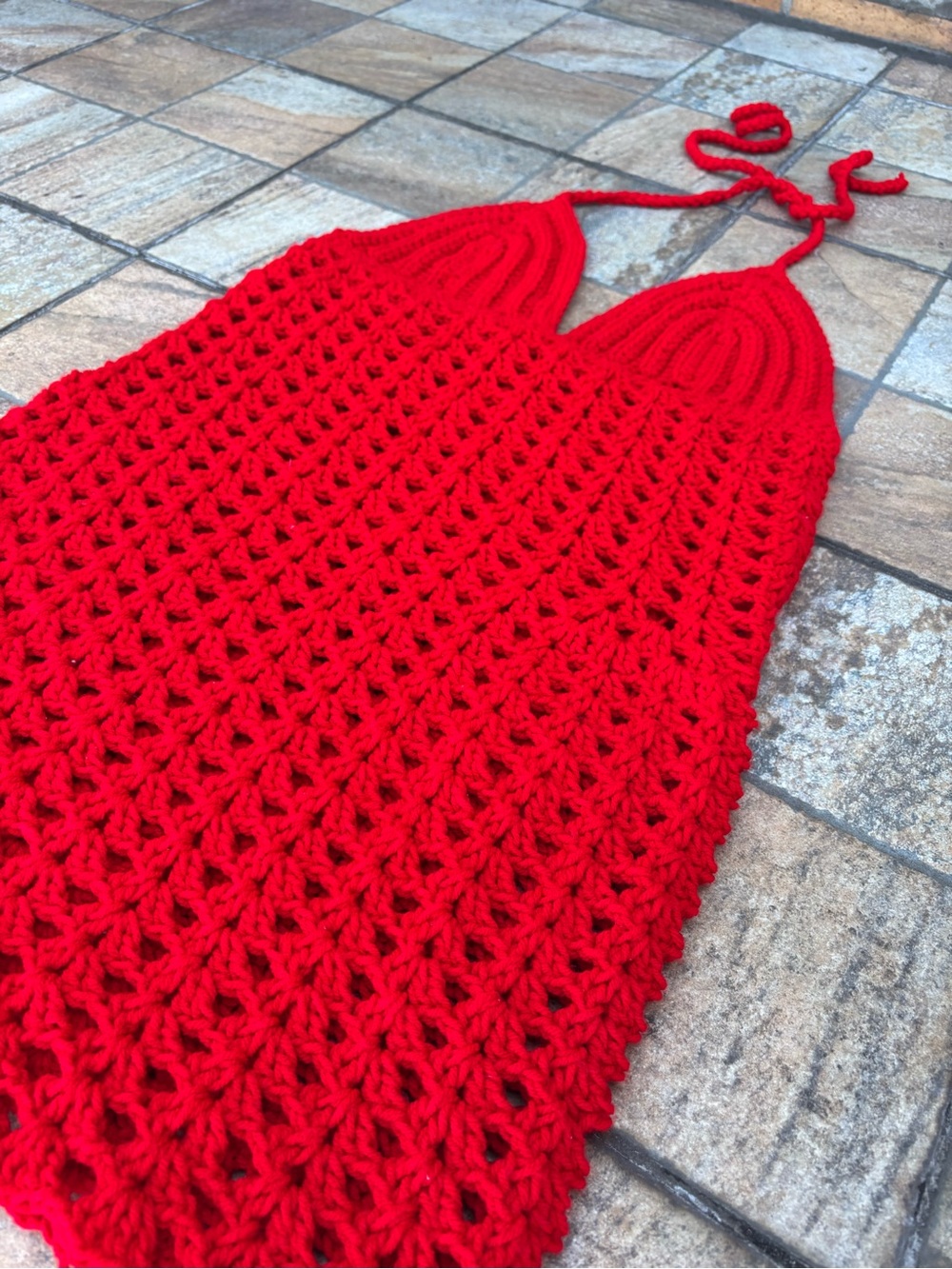 Red Handmade Crochet | Maxi Dress | Halter Neck Adjustable Straps | Size L